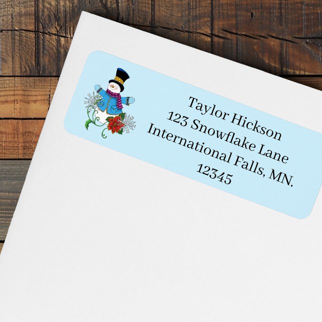 Cute Blue Winter Snowman Poinsettia Christmas Label (Creator Uploaded)