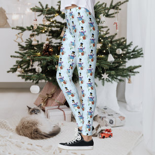 Cute Blue Winter Snowman Poinsettia Christmas Leggings