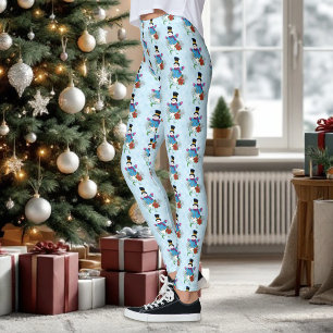 Cute Blue Winter Snowman Poinsettia Christmas Leggings