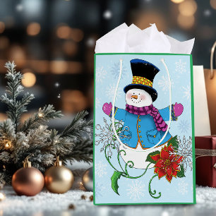 Cute Blue Winter Snowman Poinsettia Christmas Medium Gift Bag