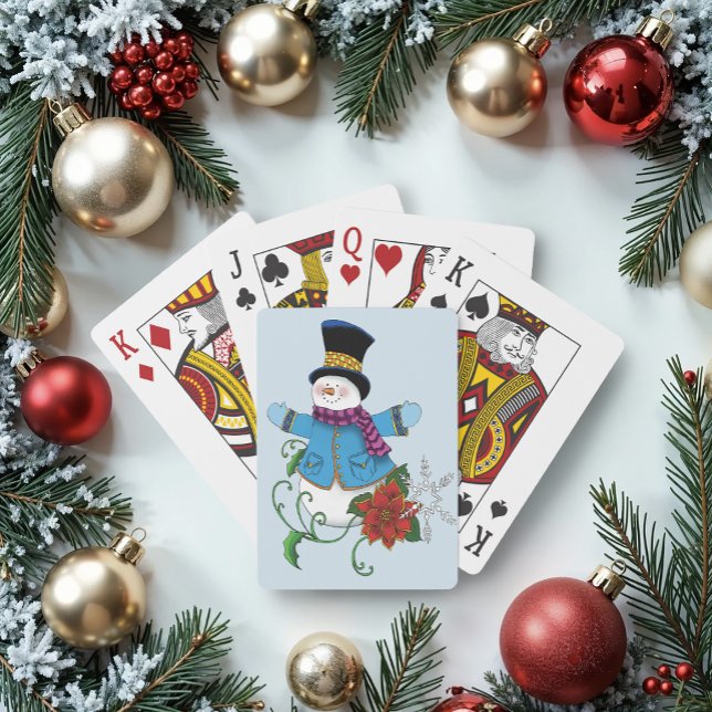 Cute Blue Winter Snowman Poinsettia Christmas Poker Cards (Creator Uploaded)