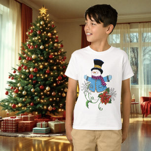 Cute Blue Winter Snowman Poinsettia Christmas T-Shirt