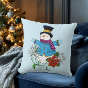 Cute Blue Winter Snowman Poinsettia Christmas Throw Pillow
