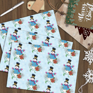 Cute Blue Winter Snowman Poinsettia Christmas Tissue Paper
