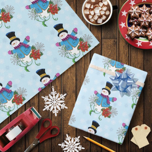 Cute Blue Winter Snowman Poinsettia Christmas Wrapping Paper (Creator Uploaded)