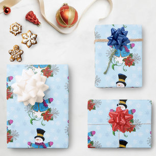 Cute Blue Winter Snowman Poinsettia Christmas Wrapping Paper Sheets