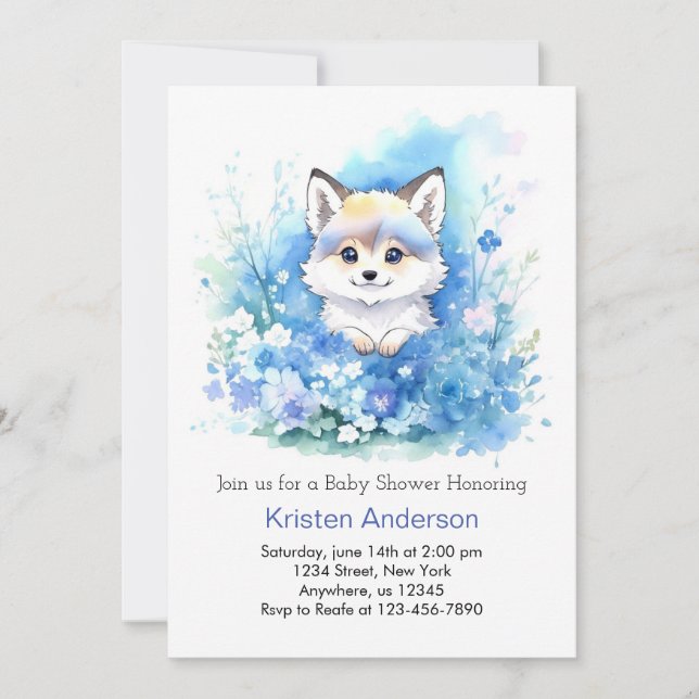 Cute Blue Wolf Whimsical Woodland Boy Baby Shower Invitation (Front)