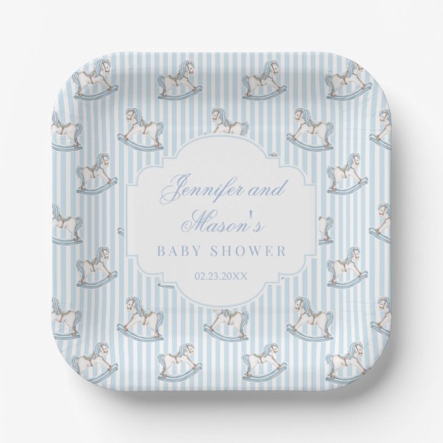Cute blue wooden rocking horse baby boy shower paper plates (Front)