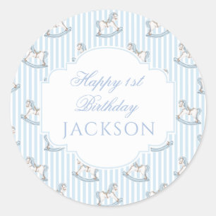 Cute blue wooden rocking horse boho birthday boy classic round sticker