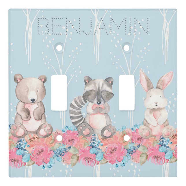 Cute Blue Woodland Animals Baby Nursery Light Switch Cover (Front)