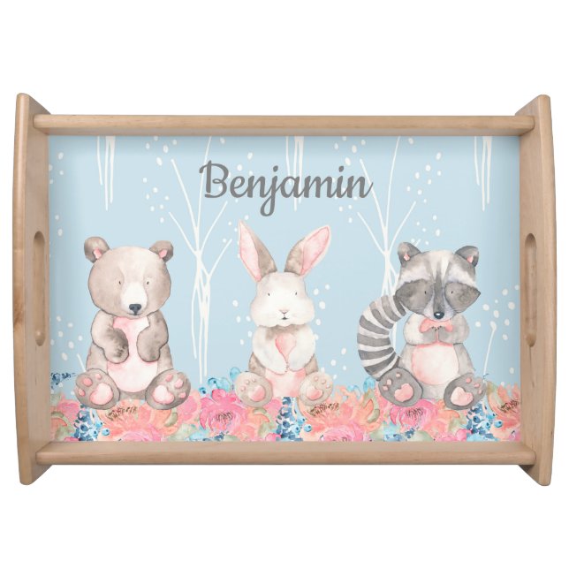 Cute Blue Woodland Animals Baby Nursery Serving Tray (Front)