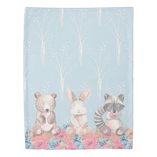 Cute Blue Woodland Bear Bunny Racoon Animals Duvet Cover