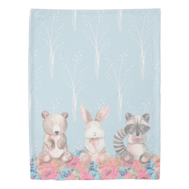 Cute Blue Woodland Bear Bunny Racoon Animals Duvet Cover (Front)