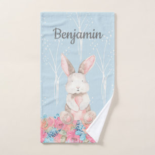Cute Blue Woodland Bunny Baby Nursery Hand Towel