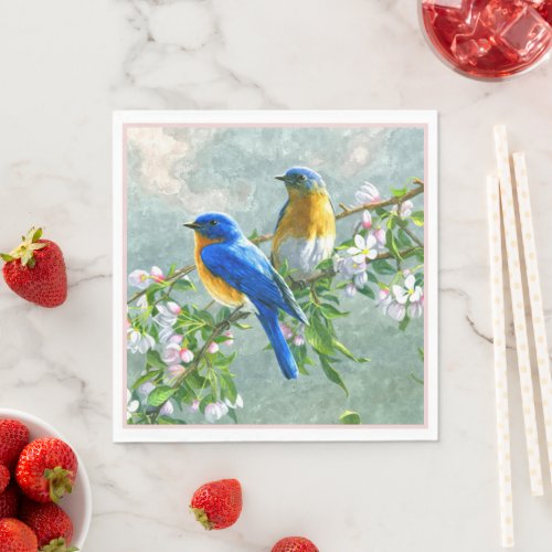Cute Blue Yellow Birds Cherry Blossom Watercolor Napkins