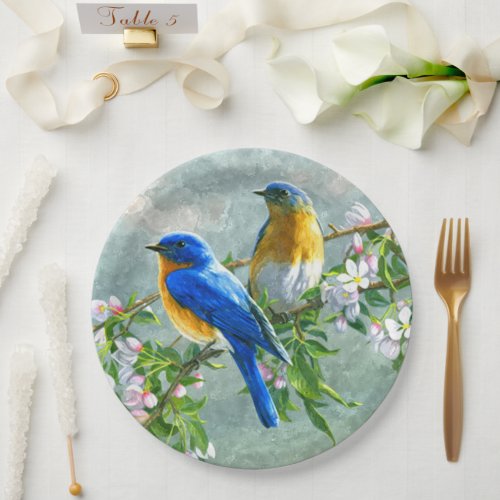 Cute Blue Yellow Birds Cherry Blossom Watercolor Paper Plates
