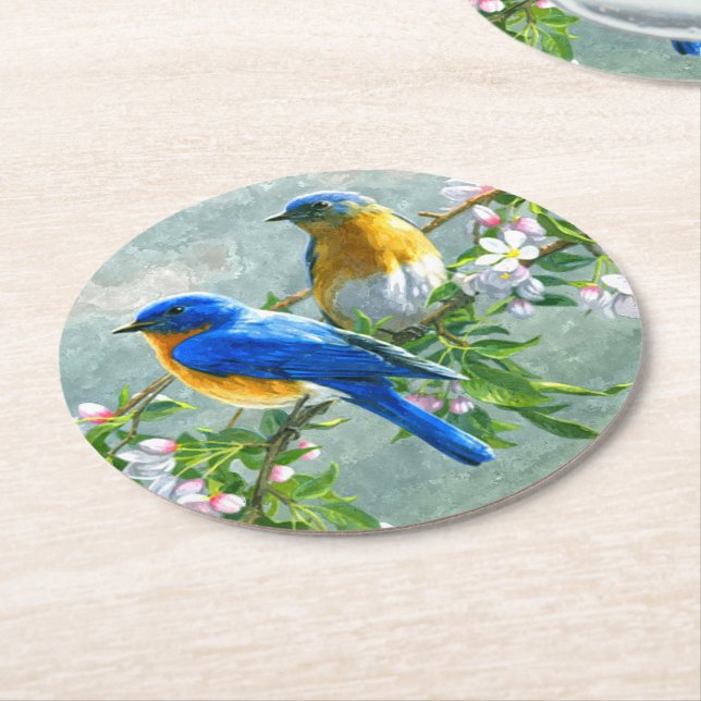 Cute Blue Yellow Birds Cherry Blossom Watercolor Round Paper Coaster (Angled)