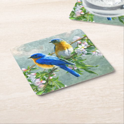 Cute Blue Yellow Birds Cherry Blossom Watercolor Square Paper Coaster