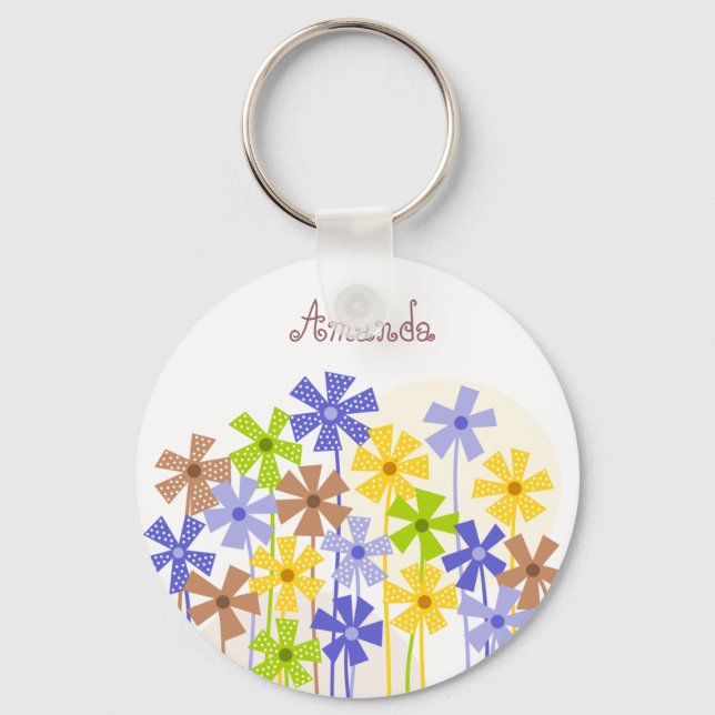Cute blue yellow brown simple flower drawing name  keychain (Front)