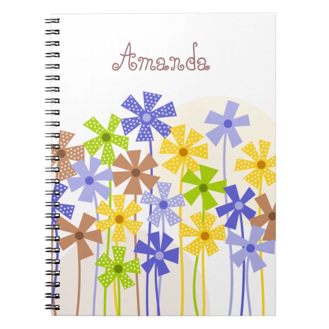 Cute blue yellow brown simple flower drawing name  notebook (Front)