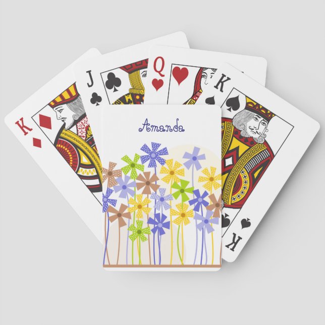 Cute blue yellow brown simple flower drawing name poker cards (Back)