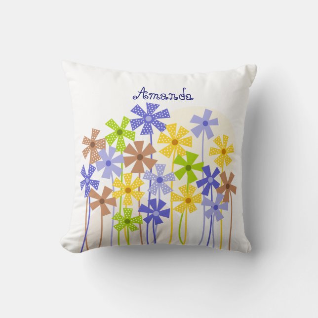 Cute blue yellow brown simple flower drawing name throw pillow (Front)