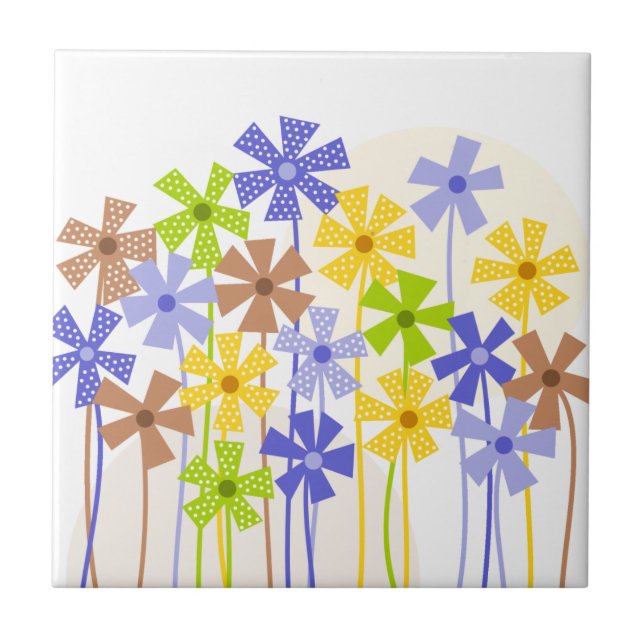 Cute blue yellow brown simple flowers drawing ceramic tile (Front)
