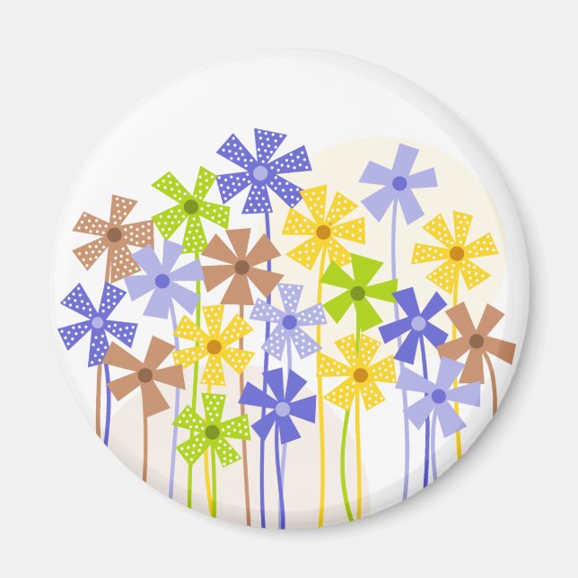 Cute blue yellow brown simple flowers drawing magnet (Front)