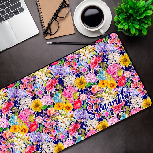 Cute blue yellow elegant Floral pattern monogram  Desk Mat