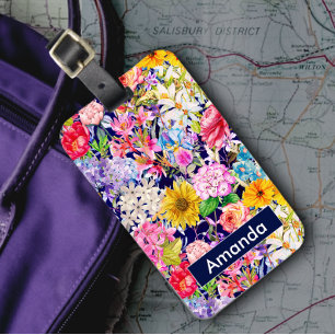 Cute blue yellow elegant Floral pattern monogram Luggage Tag