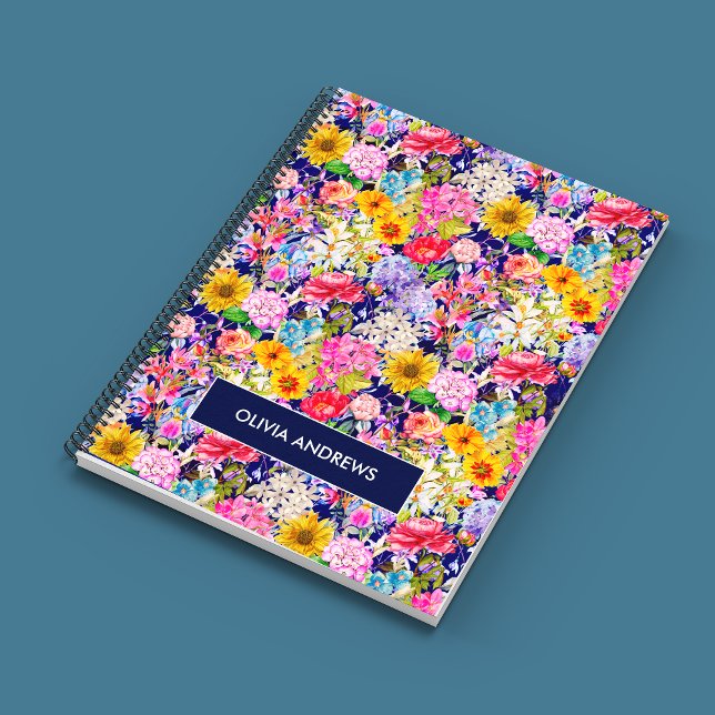 Cute blue yellow elegant Floral pattern monogram Notebook (Creator Uploaded)