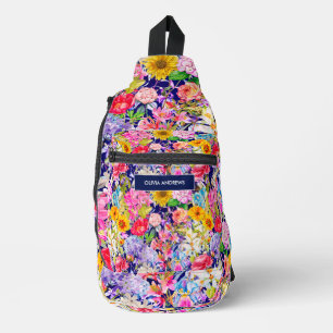 Cute blue yellow elegant Floral pattern monogram Sling Bag