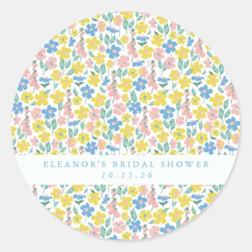 Cute Blue Yellow Floral Custom Bridal Shower  Classic Round Sticker
