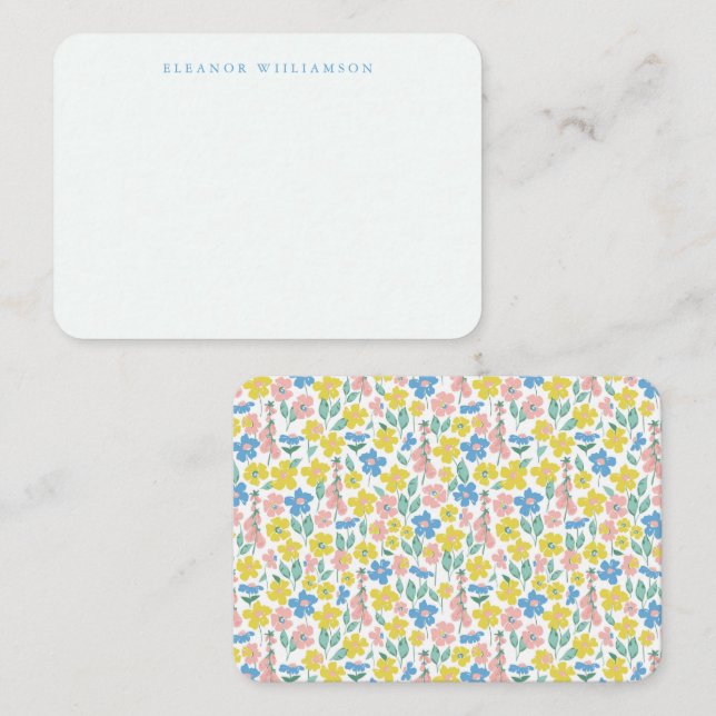 Cute Blue Yellow Floral Custom Name Gift Enclosure Note Card (Front/Back)