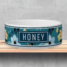 Cute Blue Yellow Floral Name Template Pet Bowl
