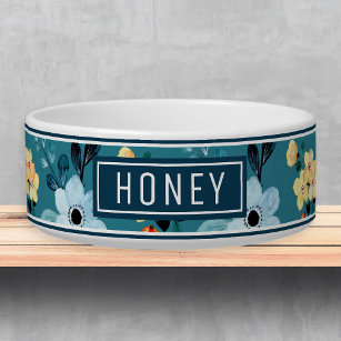 Cute Blue Yellow Floral Name Template Pet Bowl