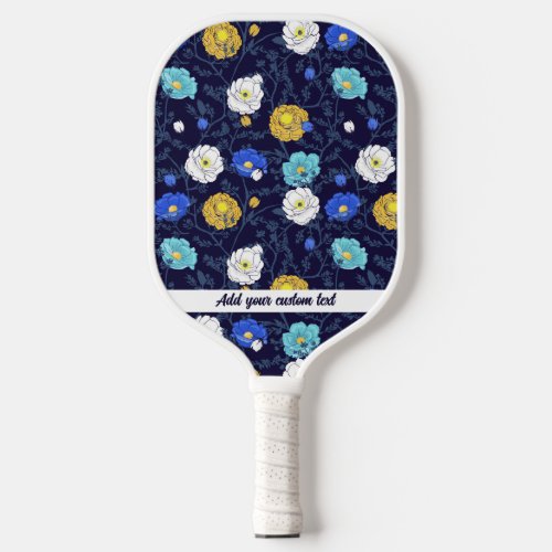 Cute Blue Yellow Gold Floral Pattern Custom Text Pickleball Paddle