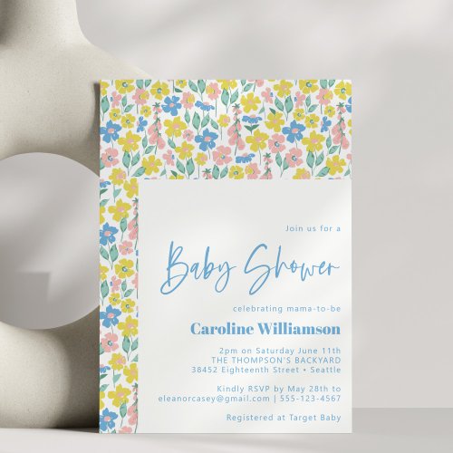 Cute Blue Yellow Vintage Floral Baby Shower  Invitation