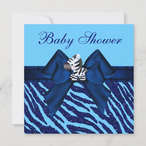 Cute Blue Zebra  Animal Print Glitter Baby Shower Invitation