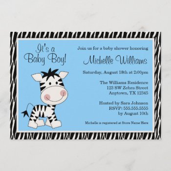 Cute Blue Zebra Boy Baby Shower Invitations by WhimsicalPrintStudio at Zazzle