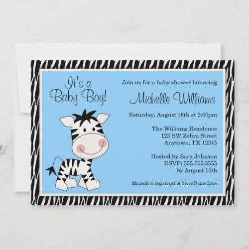 Cute Blue Zebra Boy Baby Shower Invitations