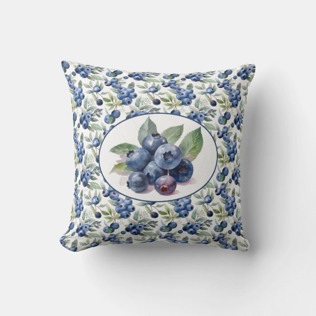 Cute Blueberries Watercolor Throw Pillow (Front)