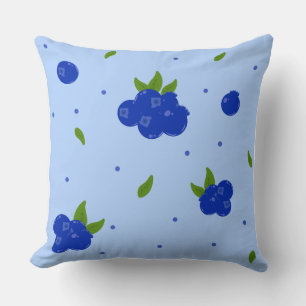 Cute Blueberry Botanical Illustration on Blue Back Throw Pillow