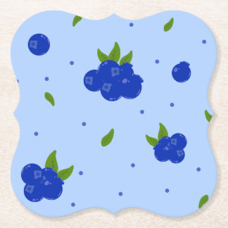 Cute Blueberry Botanical Illustration on Blue Paper Coaster