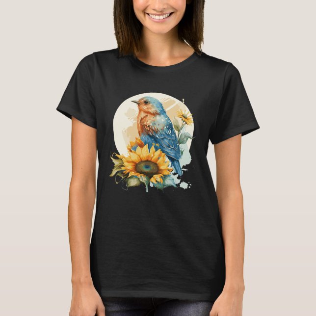 Cute Bluebird Sunflower Birding Bird T-Shirt (Front)