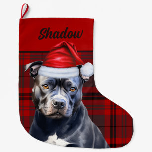 Cute Bluenose Pitbull Dog and Red Plaid Custom Large Christmas Stocking