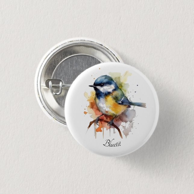 Cute Bluetit on a Branch, custom Button (Front & Back)