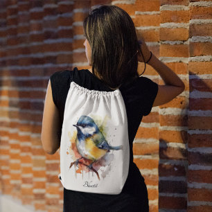 Cute Bluetit on a Branch, custom Drawstring Bag