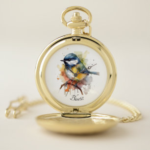 Cute Bluetit on a Branch, custom Pocket Watch