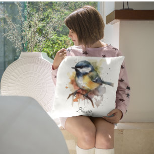 Cute Bluetit on a Branch, custom Throw Pillow